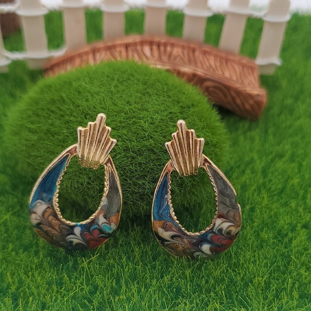 Elegant Gold Tone and Multicolor Melt Peacock Made In Usa Earrings E1003